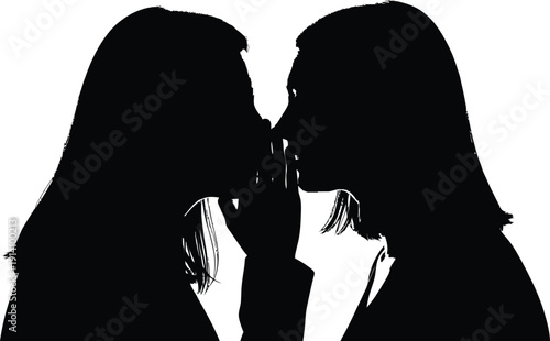 Silhouette of Two Women Kissing on White Background