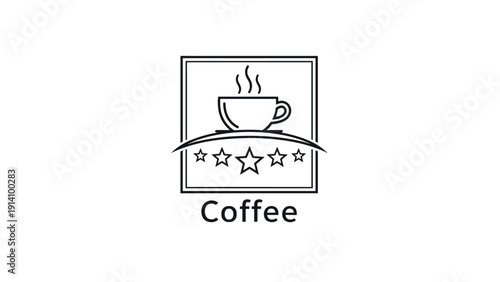 Minimalist coffee shop logo design featuring a simple line art cup and five stars representing high quality service and premium taste.