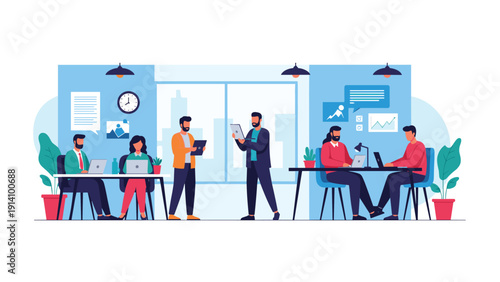 Modern open plan office space filled with various professionals working at desks, using laptops, and collaborating on business projects.