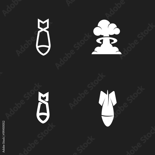 Bomb and Mushroom Cloud Icons Set - Warfare and Explosion Symbols