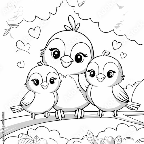 Adorable mother bird with two cute chicks perched on a branch, surrounded by hearts and foliage, symbolizing family love, nurturing, and togetherness.