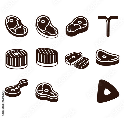 Vector set of various raw meat cuts and butcher tools in brown isolated on transparent background