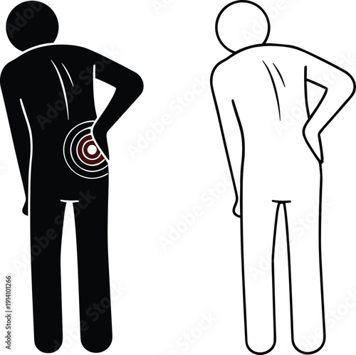Lower back pain illustration, human figure holding waist, medical health concept, minimal vector silhouette and outline flat design icon