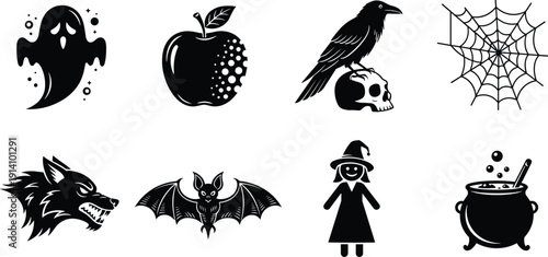 Halloween spooky silhouette illustration set, eight black icons ghost apple raven skull spider web werewolf bat witch cauldron design, vector artwork, holiday theme, isolated background