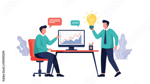 Two professional colleagues discussing a business growth chart on a monitor while one man holds a glowing lightbulb representing an idea.