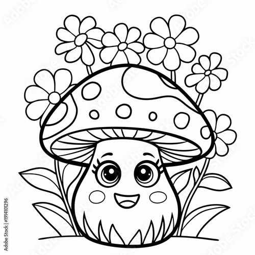 Whimsical cartoon mushroom character surrounded by blooming flowers, outline illustration for coloring, enchanting forest dweller for kids.