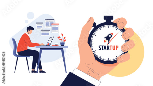 Concept of startup success and time pressure shown by a man working on a laptop while a giant hand holds a stopwatch with a rocket.