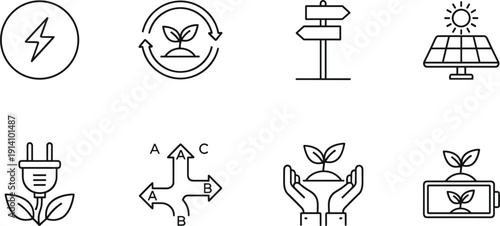 Renewable energy and sustainability icon set solar panel recycling electric plug and eco system symbols