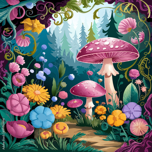 Enchanting forest scene with vibrant pink mushrooms and colorful wildflowers, set against a backdrop of mystical pine trees and lush foliage.