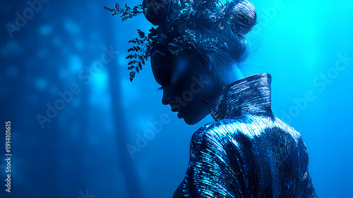 An elegant woman with floral accessories looking towards her right side