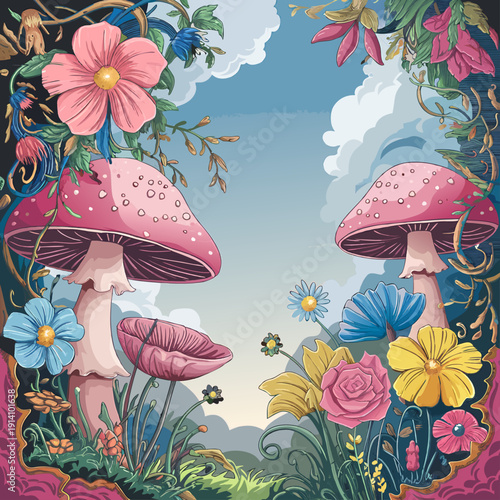 Whimsical fantasy landscape featuring large pink spotted mushrooms, an assortment of colorful wildflowers, and a dreamy cloudy sky.
