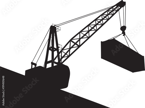 Minimalist black crane lifting a large box industrial