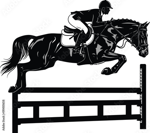 Horseback riding show jumping silhouette illustration, rider horse mid-jump obstacle fence dynamic sport design, vector artwork, equestrian and lifestyle theme, isolated background
