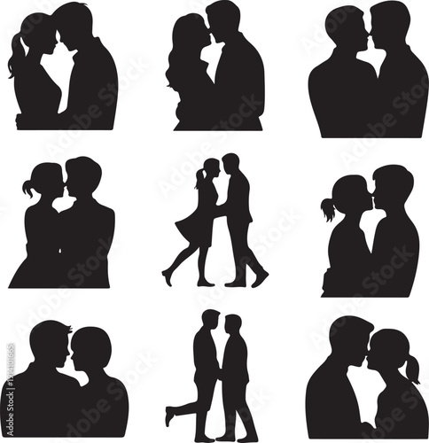 Black silhouettes of couples kissing and hugging each other in various romantic poses