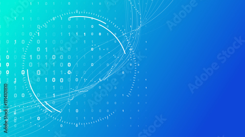Abstract digital background with a gradient blue to teal. Features a dynamic data flow concept, intricate lines, and binary code numbers 0, 1 for modern technology themes.
