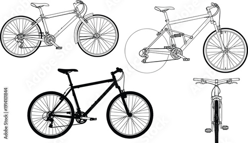 Bicycle vector illustration set, detailed mountain and road bike technical drawing isolated on light background