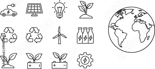 Renewable energy and sustainability icon set solar wind recycling electric vehicle and global environment symbols
