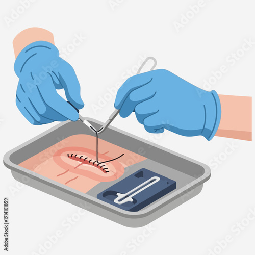 Surgical Suture Practice with Medical Instruments.