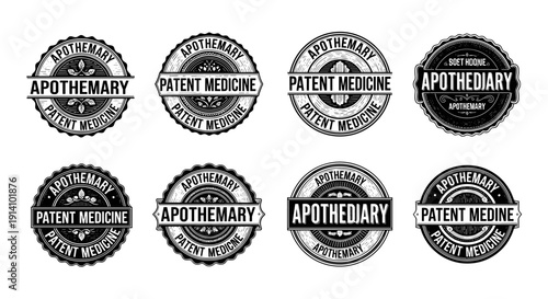 A collection of vintage-inspired apothecary and patent medicine circular badges, meticulously designed for a classic and authentic look.