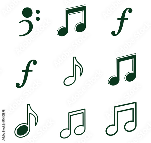 Vector set of green musical notes and symbols isolated on transparent background