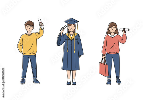 Diverse students celebrate graduation with diplomas and academic achievements symbolized by degrees and caps in a festive educational milestone