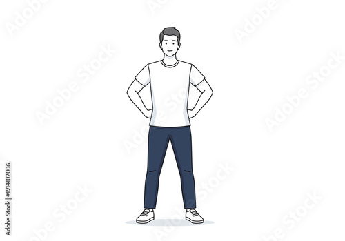 Full body appearance of a young adult male standing confidently with hands on hips wearing casual clothing and sneakers isolated on a white