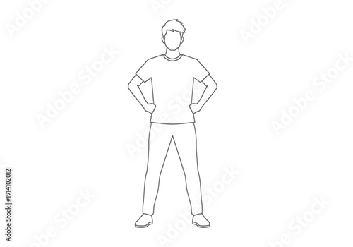 Full body outline drawing of a confident person standing with hands on hips facing forward representing strength posture and self assurance for