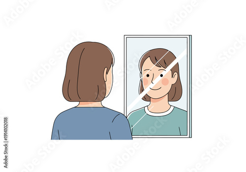 Person Looks In Mirror Reflecting Happy And Content Face With A Smile Showing Self Acceptance And Positive Self Image Concept