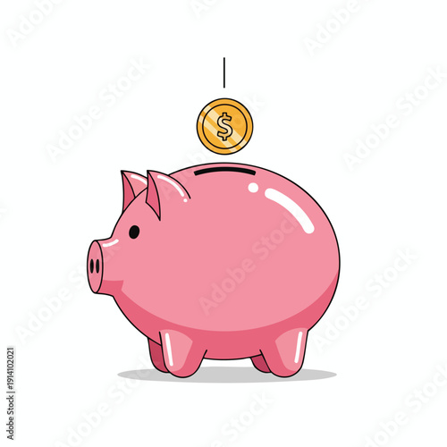 Cute Pink Piggy Bank with Falling Coin for Savings and Financial Growth