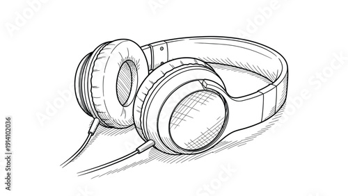 Detailed sketch of over-ear headphones with padded ear cups and a thick headband. The drawing style is clean and technical, implying precision.