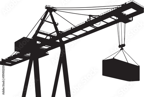 Minimalist black silhouette of a crane lifting a load