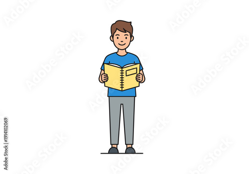 Young Boy Stands Holding Open Yellow Notebook Learning Education Concept Reading Study Intelligence Knowledge Discovery