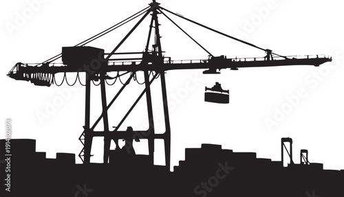 Minimalist black silhouette of a crane with a hook and buildings