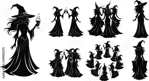 Witch silhouette illustration set, multiple black icons goblet hat dress group circle formation fantasy design, vector artwork, Halloween and mystical theme, isolated background