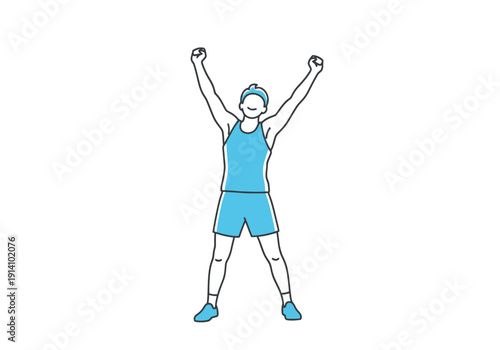 A person in athletic wear performs a full body stretch with raised arms and open legs signifying health and activity