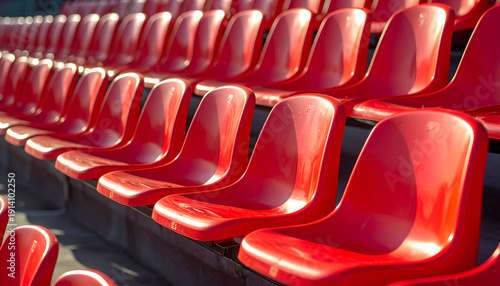 Rows of empty red plastic stadium seats in a sports arena.