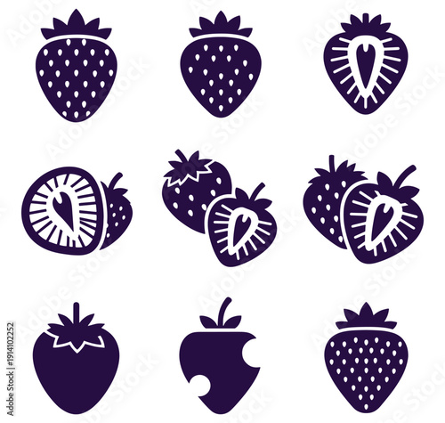 Collection of nine dark purple vector strawberry icons, including whole, sliced and bitten fruits, isolated on white background