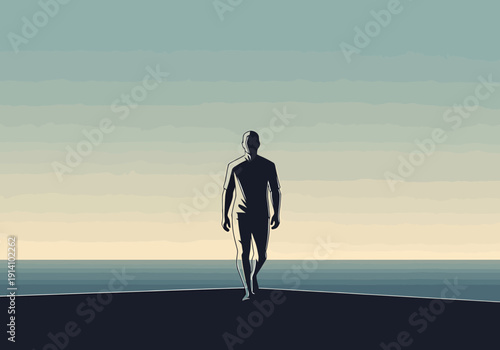 Lone individual silhouetted walking towards expansive ocean horizon at dawn under a vast sky representing journey or contemplation