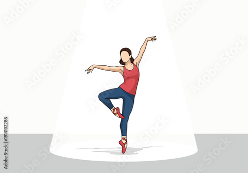 Graceful female ballet dancer performs elegant pose en pointe on stage under spotlight artistic performance concept