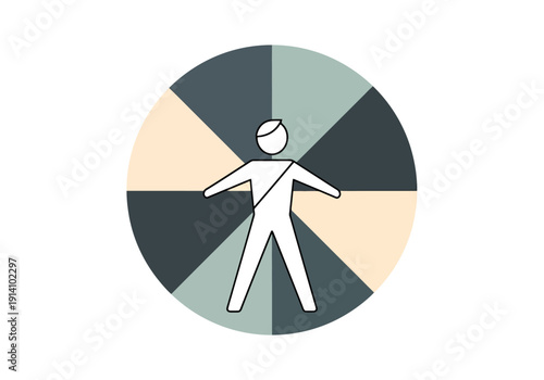 Human figure in center of circular segmented design representing personal space or individual development abstract concept of human psychology or