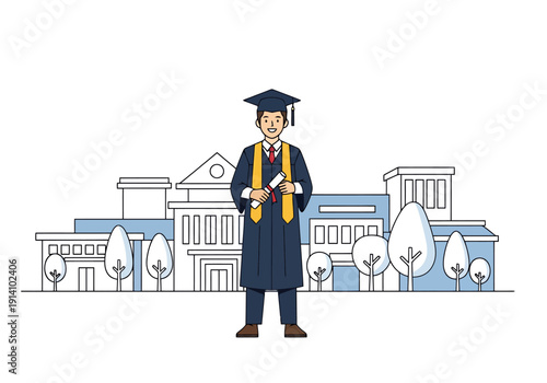 Young Person in Graduation Robes Holding Diploma Outside Modern Educational Buildings Campus Surrounded By Trees Representing Academic Achievement