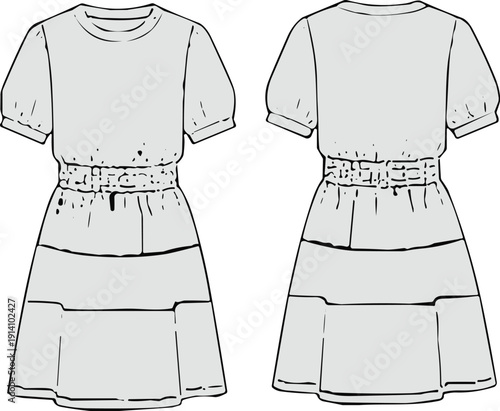 Hand drawn vector illustration of a girls puff sleeve tiered dress technical sketch showing front and back views isolated on a white background