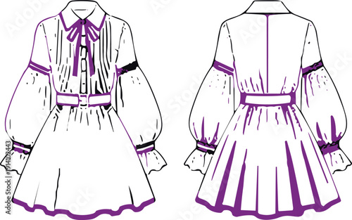 Hand drawn vector illustration of a long sleeve button up dress with purple trim and bow detailing showing front and back technical views
