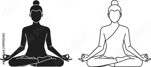 Meditating woman in lotus pose silhouette on black and white background for yoga mindfulness wellness relaxation and spiritual balance concept