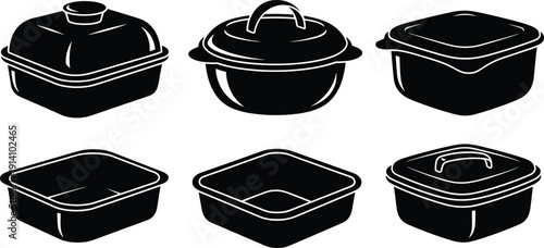 Casserole dish and cooking pot silhouette set, black kitchen bakeware containers vector illustration isolated on background