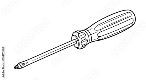 Black and white line drawing of a Phillips screwdriver with a textured handle and pointed tip. The illustration is simple, conveying utility and precision.