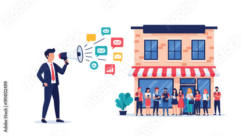 Confident businessman using a megaphone to broadcast marketing messages and social notifications to a diverse public crowd.