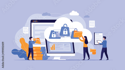 Team of specialists managing secure cloud data storage and digital file protection with padlock icons and various folders.