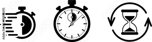 Black Vector Icon Set Featuring Speeding Stopwatch Chronometer and Hourglass with Circular Arrows for Time Management Deadline Measurement Performance Tracking and Logistics Progress Design
