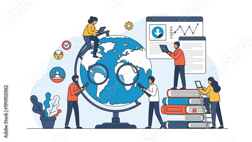 Group of researchers exploring global information using magnifying glasses around a world globe with stacks of books nearby.